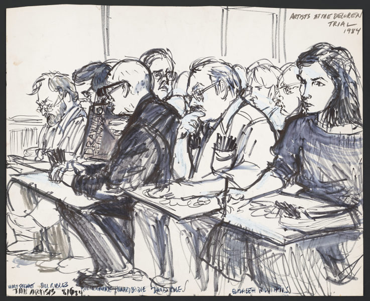 Artists at DeLorean trial, by Elizabeth Williams.