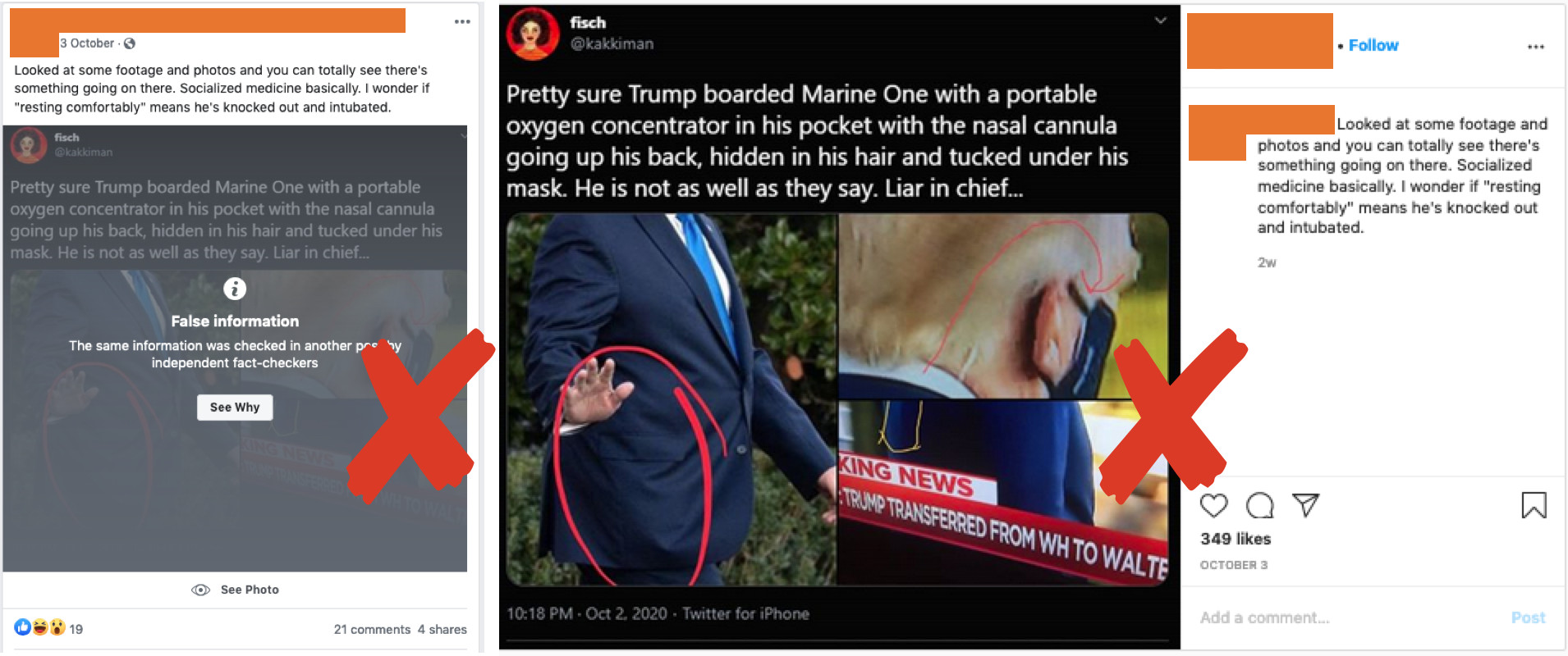 Figure 3.1: Two screenshots of the same post on Facebook (left) and Instagram (right) by the same user where only the Facebook post is fact-checked. We’ve removed identifying details from this image. 