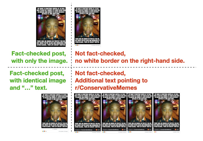 Figure 1: A Facebook meme that we found 23 instances of; only two were fact-checked. The images are remarkably similar, with two major differences: The fact-checked images have a white border on the right-hand side, and some examples of the non-fact-checked images attribute the source of the meme to a subreddit. 