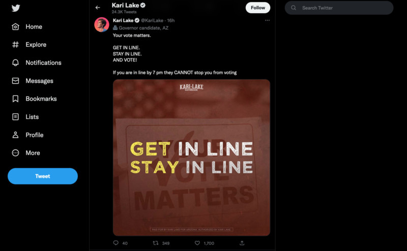 Posts from Kari Lake’s official accounts appeared to be duplicated on Truth Social eight minutes after an identical Twitter post. Image: Tow Center